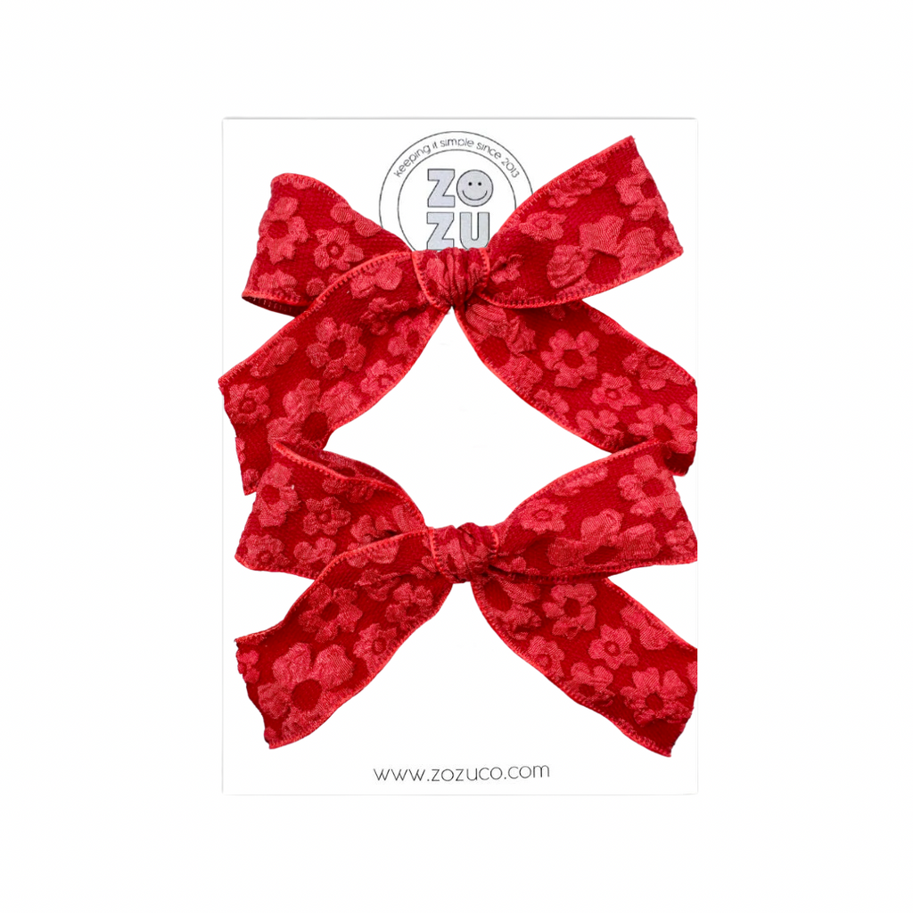 Red Embossed Floral :: Mini Explorer Ribbon Pigtail Set